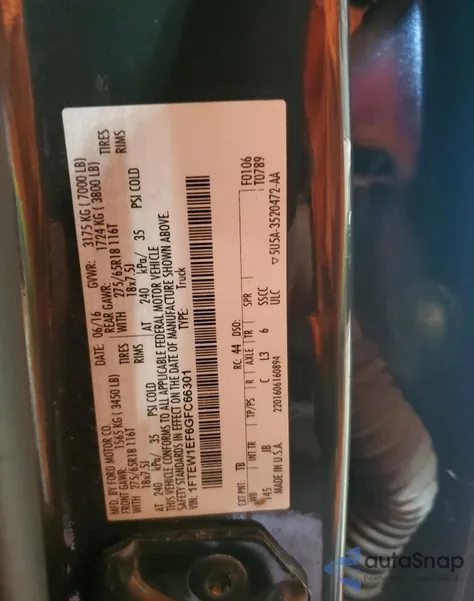 2016 Ford F150 Supercrew из США, поврежденный, VIN 1FTEW1EF6GFC66301